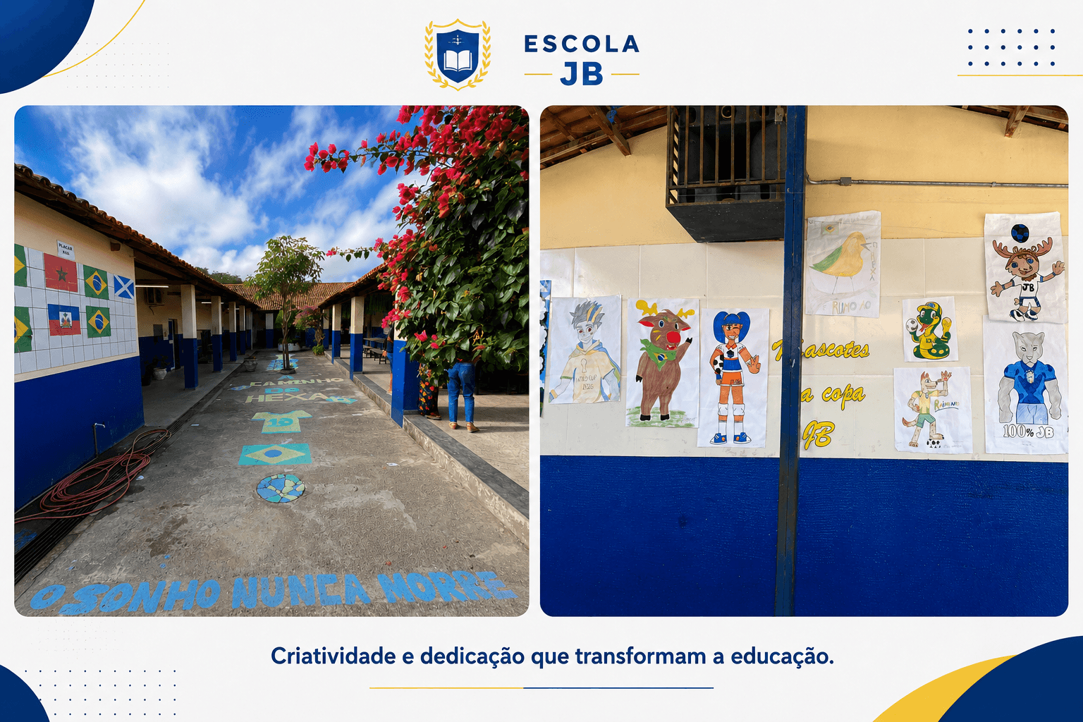 Alunos da JB criam decoração temática da Copa e transformam escola em palco de criatividade.